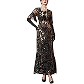 MISI CHAO Women's 1920s Great Gatsby Flapper Sequin Mermaid Long Gown Dress | Art Deco Sequin Mermaid Fishtail Long Gown Fringe Trim Boat Neck Great Gatsby Vintage Roaring 20s Formal Evening Dress Only