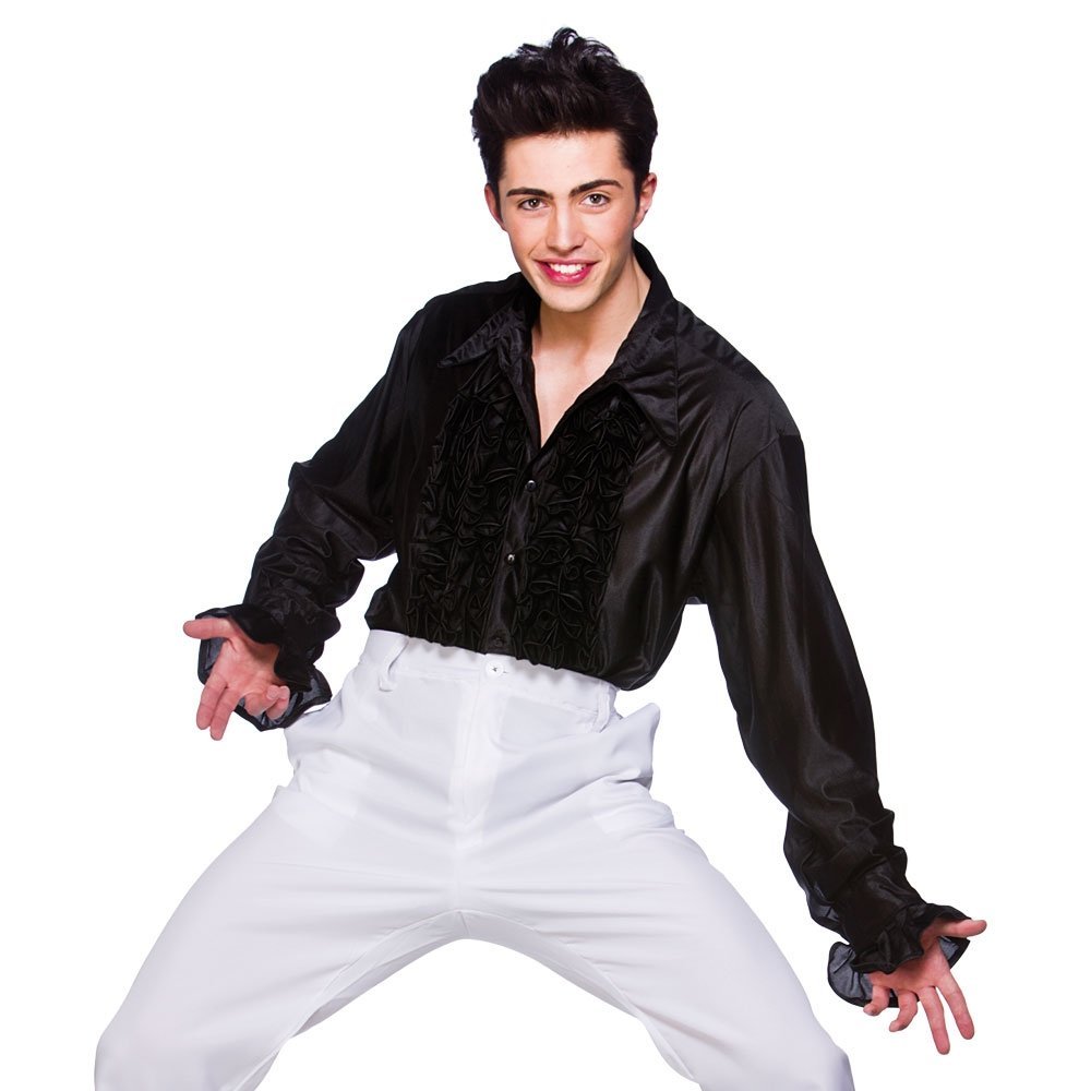 Crazy Groovy 70s Fun Fancy Dress Ruffle Shirt Black L