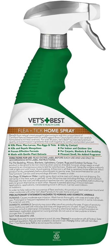 Vet's Best Flea and Tick Home Spray | Flea Treatment for Dogs and Home | Flea Killer with Certified Natural Oils | 32 Ounces : Pest Control Carpet Sprays : Pet Supplies
