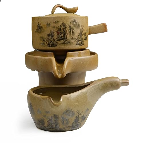 YXHUPOT Chinese Gongfu Tea Set - 9 Pcs Semi-Automatic Millstone Pot & Cups (Brown)