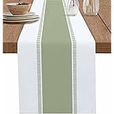 Sage Green Stripe Table Runners 36 inches Long, Linen Boho Table Runner Farmhouse Dresser Scarves,Decortaive Table Runner Cover for Dining Coffee Table Holiday Party Wedding