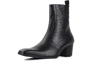 OSSTONE Men Chelsea Ankle Boots Leather Ostrich Print Western Cowboy Boots with Side Zipper Heel Dress Boots JY014