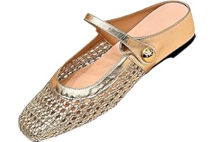 Women’s Square Toe Woven Mule Flats – Mary Jane Mesh Cutout Leather Flat Shoes Breathable Slip-On Dressy Work Flats