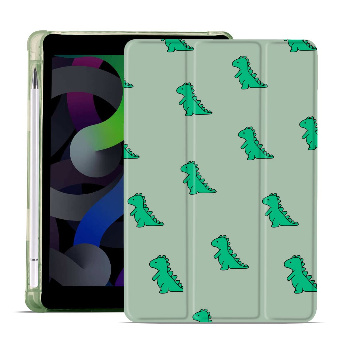 MAYCARI Cute Cartoon Green Dinosaur iPad mini 6 Case with Pencil Holder, Auto Sleep/Wake, Soft TPU Back Protective Case