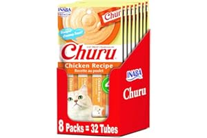 INABA Churu Lickable Purée Natural Cat Treats - Chicken Recipe (4 Servings per Package, 8 Packages) (32 Tubes)