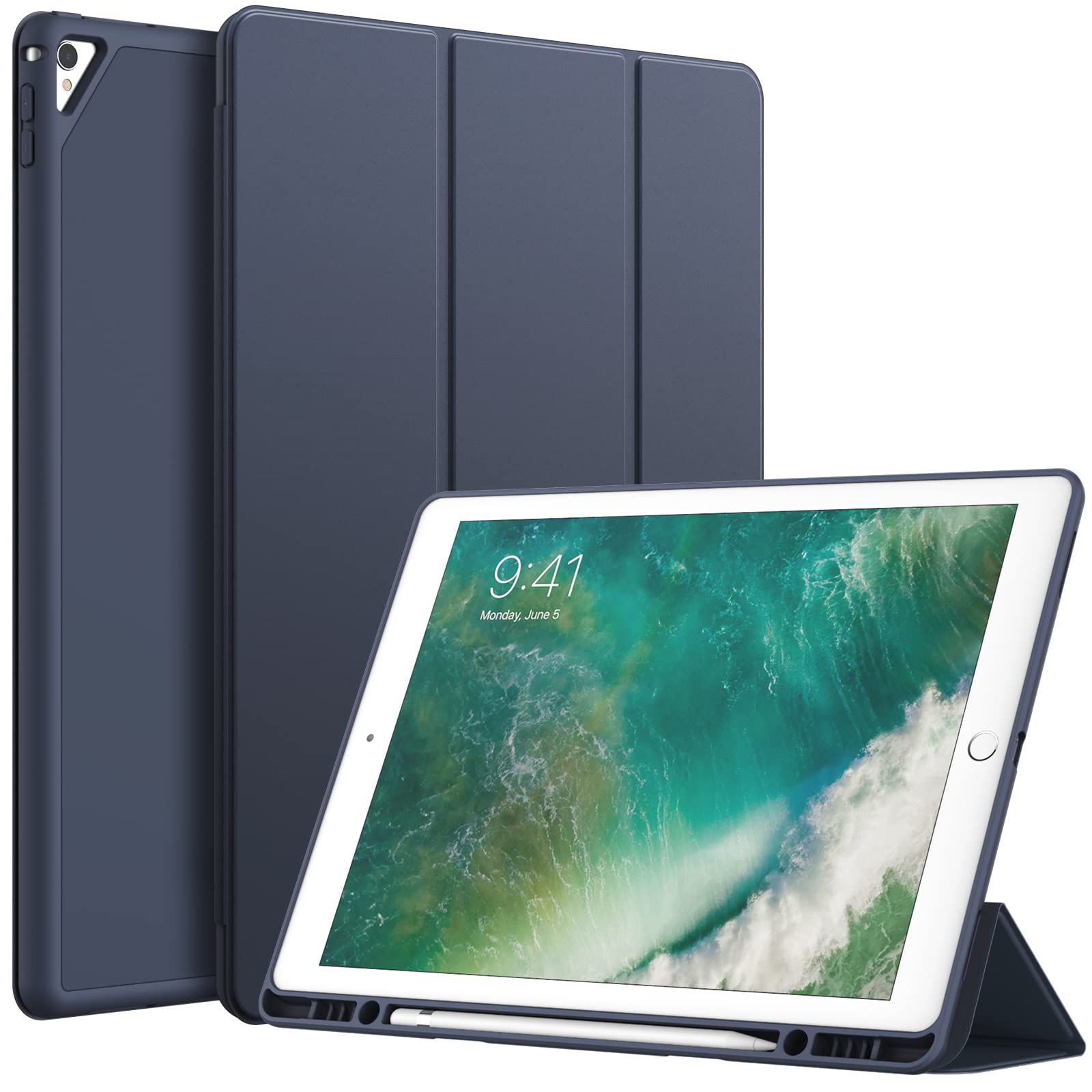 JETech Case for iPad Pro 12.9 Inch (2015/2017 Model, 1st/2nd Generation) with Pencil Holder, Slim Tablet Cover with Soft TPU Back, Auto Wake/Sleep (Navy)