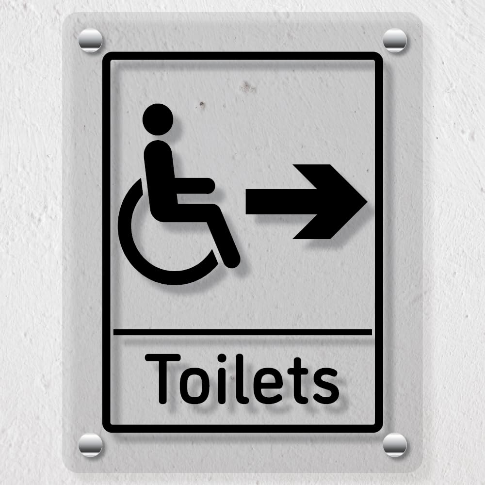 V Safety Disabled Toilets Arrow Right - 200 x 300 mm - Acrylic Perspex Cast Clear Safety Sign
