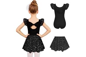 Zaclotre Girls Ballet Leotards Toddler Ruffle Sleeve Bow Back Dance Outfits Leotard with Removable Shinny Skirt Combo