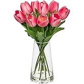 Arborus Fake Tulips Artificial Tulip Flowers in Glass Vase with Faux Water, 14.2" Real Touch Pink Tulip Flowers Spring Décor for Table Centerpiece Home Farmhouse Resto Wedding Decoration