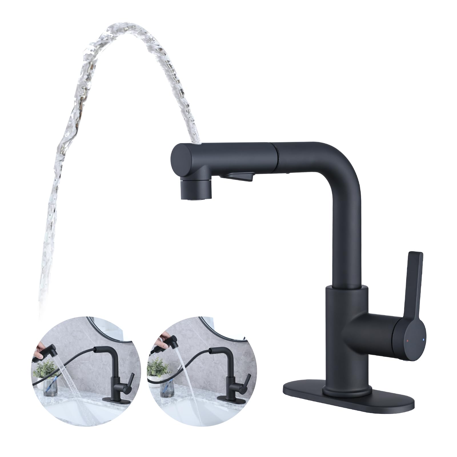 Photo 1 of Besfelos Bathroom Sink Faucet with Pull Out Sprayer, Single Handle Pull Out Bathroom Faucet for Sink, Included Pop-up Drain & Deck Plate 1 or 4-inch Centerset 3 Hole, Matte Black