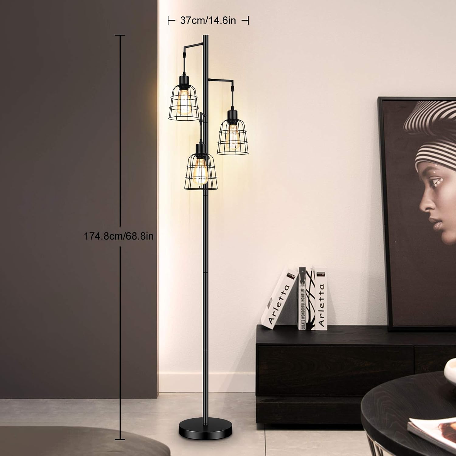 Industrial 3-Light Tree Floor Lamp with Cup-Shaped Cages Farmhouse Rustic Tall Standing Lamp for Living Room Vintage Elegant Black Pole Light with Edison E26 Base Metal Shade for Bedroom Office Hotel - - 