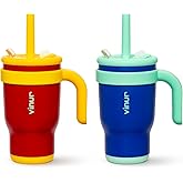 VINUR 14 oz Kids Tumbler with Handle and Straw Lid-2 Pack Stainless Steel Insulated Tumbler Travel Cup with Rubber Base|Drop and Leak Resistant |Cup Holder Friendly (Canyon Red-Navy)