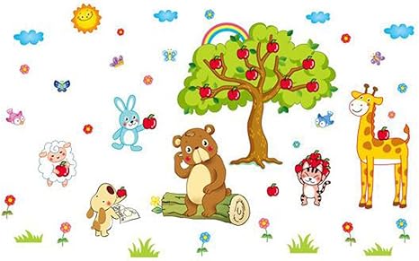 Amazon Com Winhappyhome Apple Tree Animals Wall Art Stickers For Kids Room Nursery Background Removable Decor Decals Home Kitchen