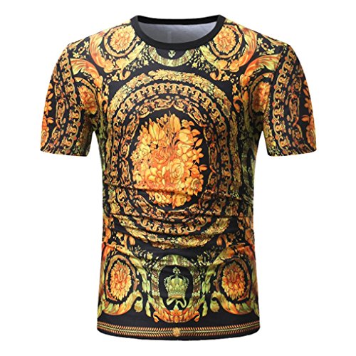 WuyiM® Boho Floral Print T Shirts Men's Casual Personality Ethnic Style Slim Short Sleeve Linen Summer Shirts Vest Top Clothes Blouse (Yellow, M) - Thumbnail 7