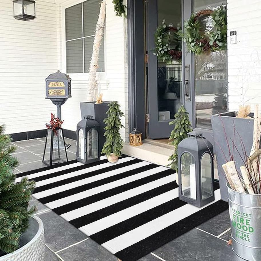 Collive Black and White Outdoor Rug 3'x 5', Hand Woven Washable Striped Outdoor Rug, Farmhouse Front Porch Rug Decor, Welcome Layered Door Mats for Front Door Entryway Patio Kitchen