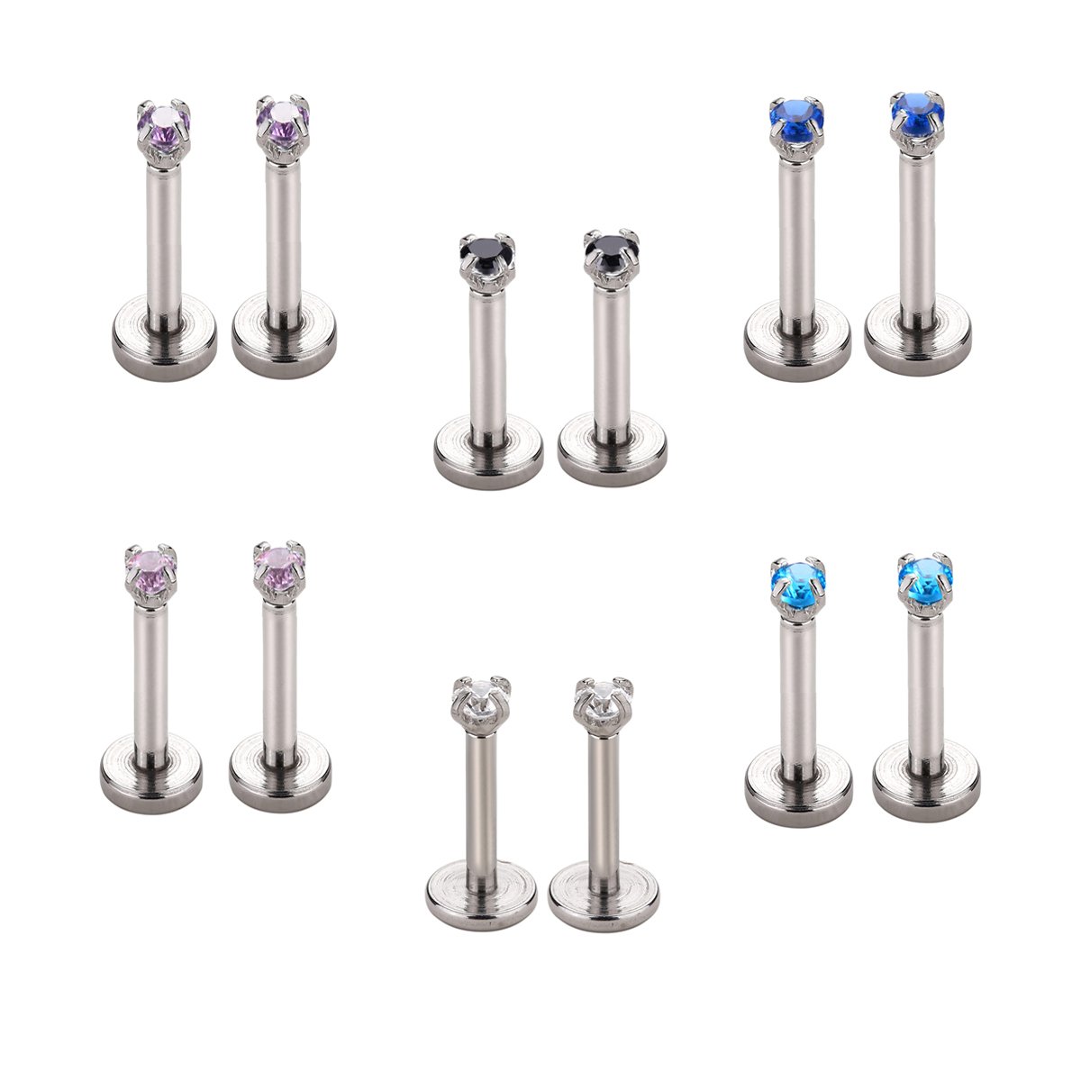 6 Set Nose Labret Lip Ear Piercings Cartilage Tragus Helix Studs Earrings 1.2MM 16G 2mm CZ 6mm Rod