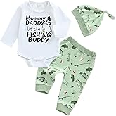 Karuedoo Newborn Baby Boy Fishing Outfit Letter Print Short Sleeve Romper Fish Print Pants with Hat 3 Piece Sets