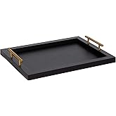 Kate and Laurel Halsey Rectangle Decorative Wooden Tray with Polished Metal Handles; 17 x 13; Black and Gold; Modern Glam Woo