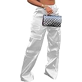 NRTHYE Women High Waisted Satin Cargo Pants Wide Leg Casual Pants Multi Pockets Straight Trousers