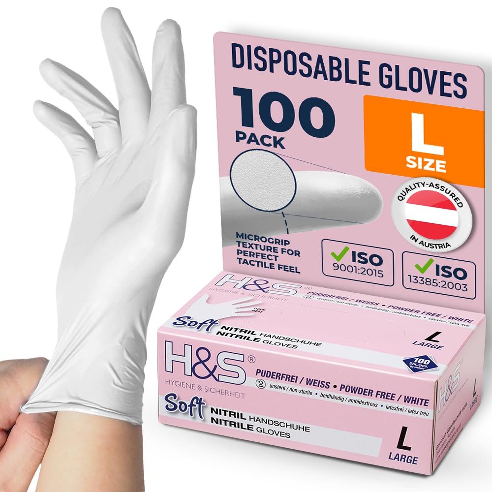 ISC Hygiene & Safety Nitrile Gloves 9 L Large White Box of 100 Powder Free Latex Free eudermic Disposable Examination Gloves nonsterile ambidextrous Commercial use