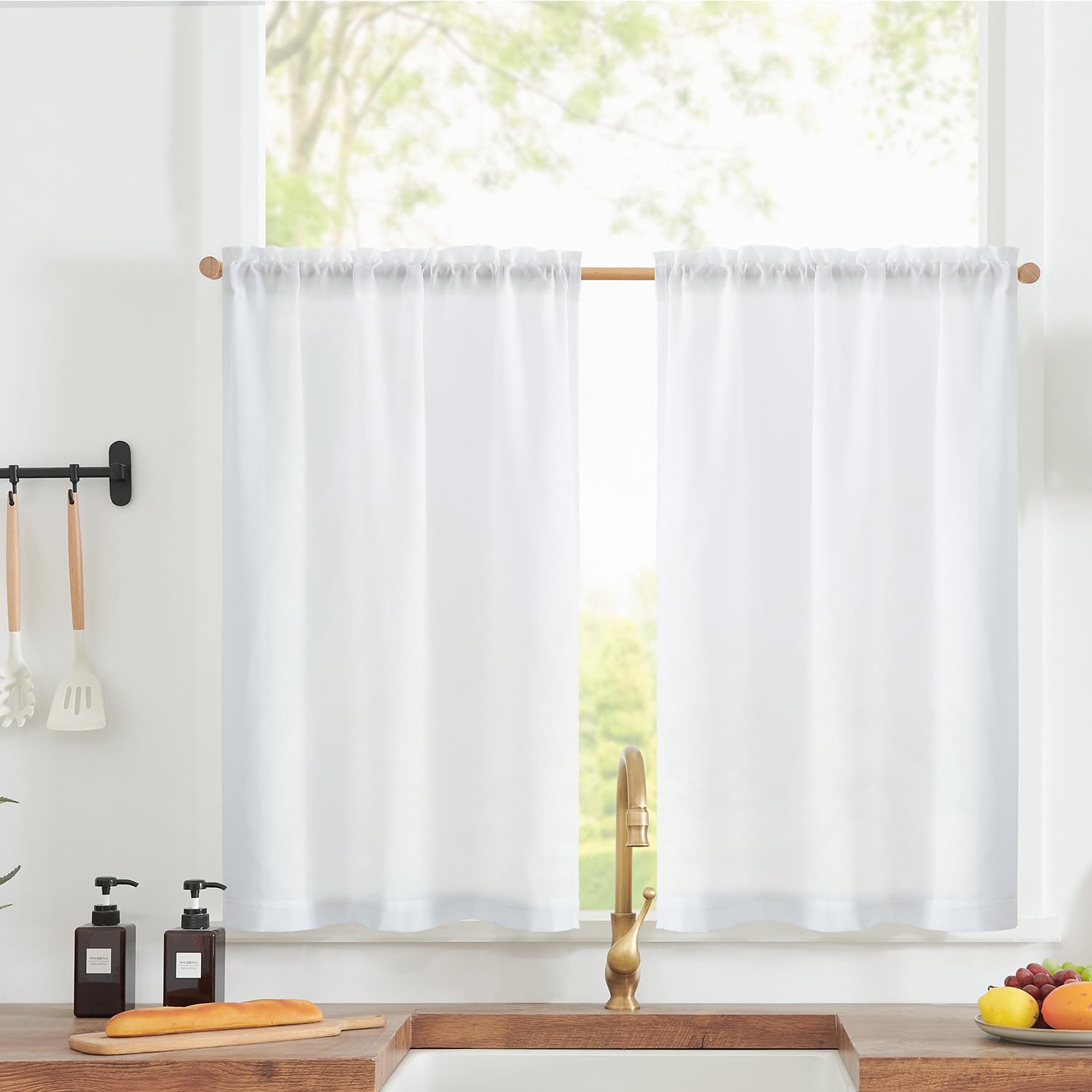 Photo 1 of jinchan Linen Textured Tier Curtains 24 Inch for Kitchen Windows Farmhouse Cafe Curtains Small Drapes Rustic Light Filtering Half Window for Living Room Laundry Rod Pocket 2 Panels White
