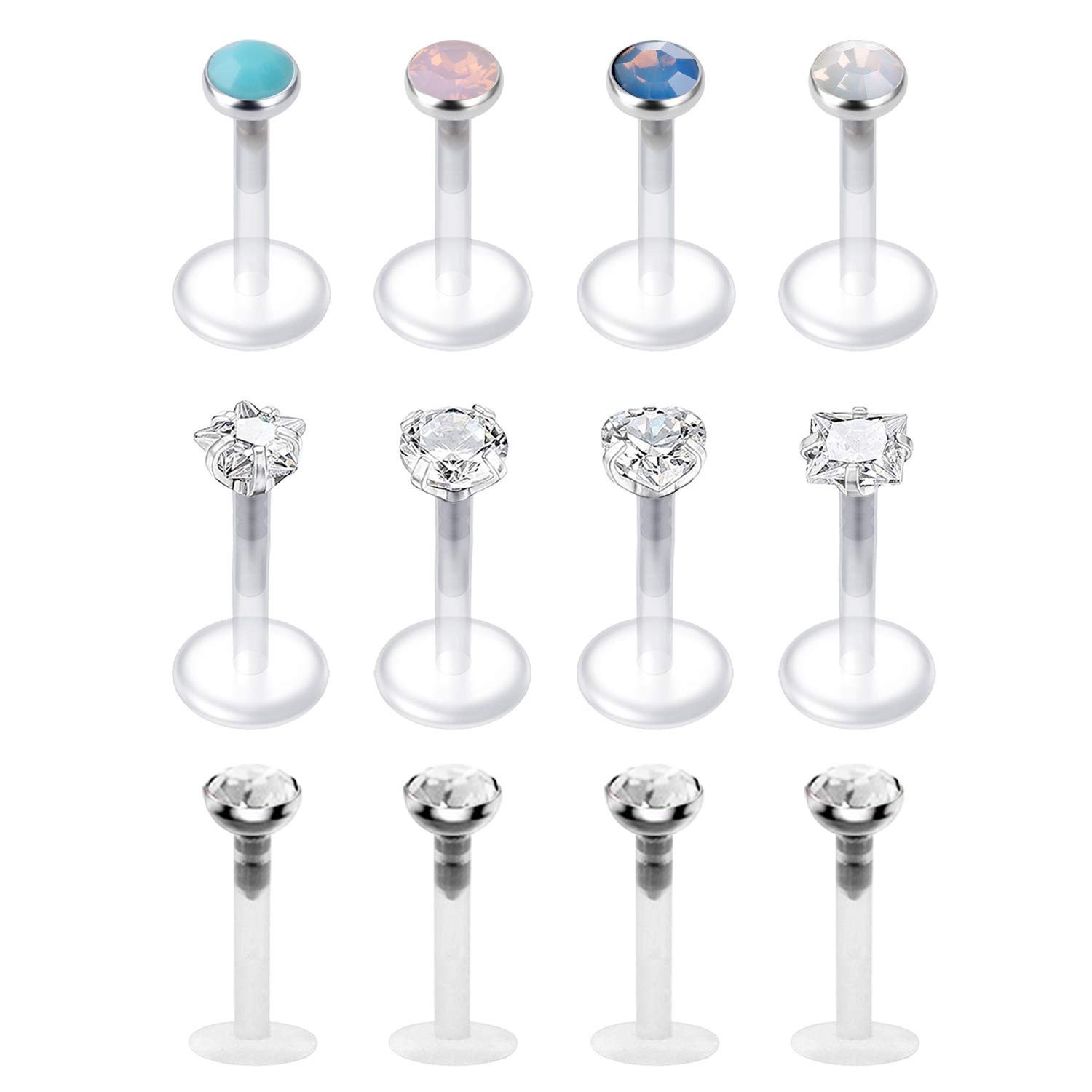 LAURITAMI 12pcs Clear Lip Labret Bars Studs Bioflex Crystal 8mm 16G Medusa Ashley Tragus Helix Piercing Jewellery
