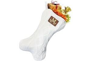 Della Stella Knitted Christmas Stocking for Dogs, Cats & Pets with Premium Leather Patch-M,White Cable Knit Holiday Stocking for Fireplace, Mantel Décor & Pet Gift Stuffers