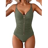 Eomenie One Piece Swimsuit for Women Zip Front Tummy Control Bathing Suit Ruched Slimming Swimwear Double Straps Swim Suit