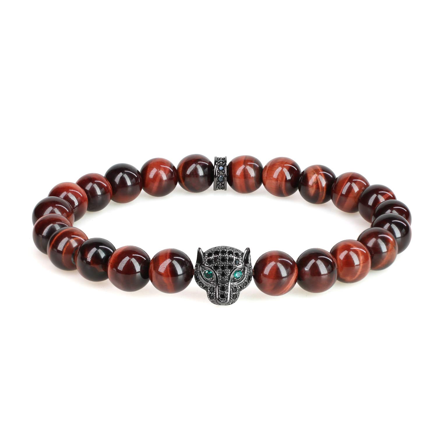 COAI Men's Women's Leopard Bracelet Stone Beaded Bracelet Red Tiger Eye Bracelet