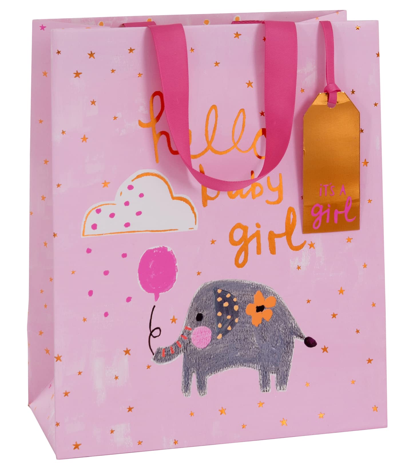 Glick Luxury Large Gift Bag for New Baby Girl, Pink Elephants, Welcome Birth of Baby, 260x315x135mm, Pink