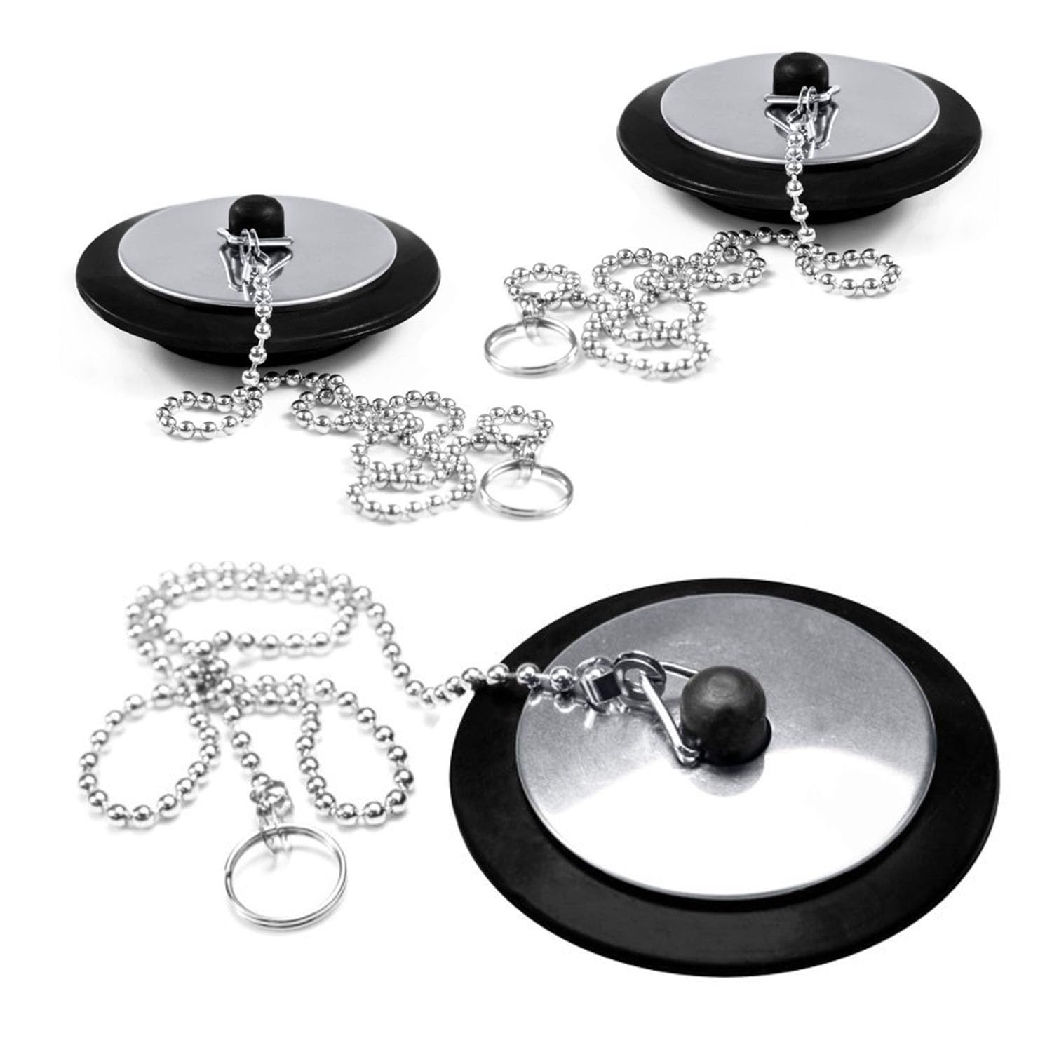 YUNYU 3 Pcs Universal bath plug, Bathroom Sink Plug Replacement, Drain Stopper for Bathroom Kitchen, Kitchen Sink Plug with Stainless Steel chain (Size 1.65in To 1.77in, Chain 16.5in)