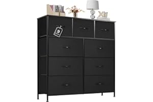 Atilioo Dresser for Bedroom with 9 Drawers, Anti-Tip Tall Fabric Chests Storage Organizer Tower Furniture with Wooden Top Metal Frame for Clothes, Closet, Living Room, Hallway, Entryway