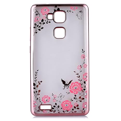 Huawei Mate 7 Case Cover?Uposao für Huawei Mate 7 Hülle Bling Diamond Roségold Geheimer Garten Rosa Schmetterling Blumen Must