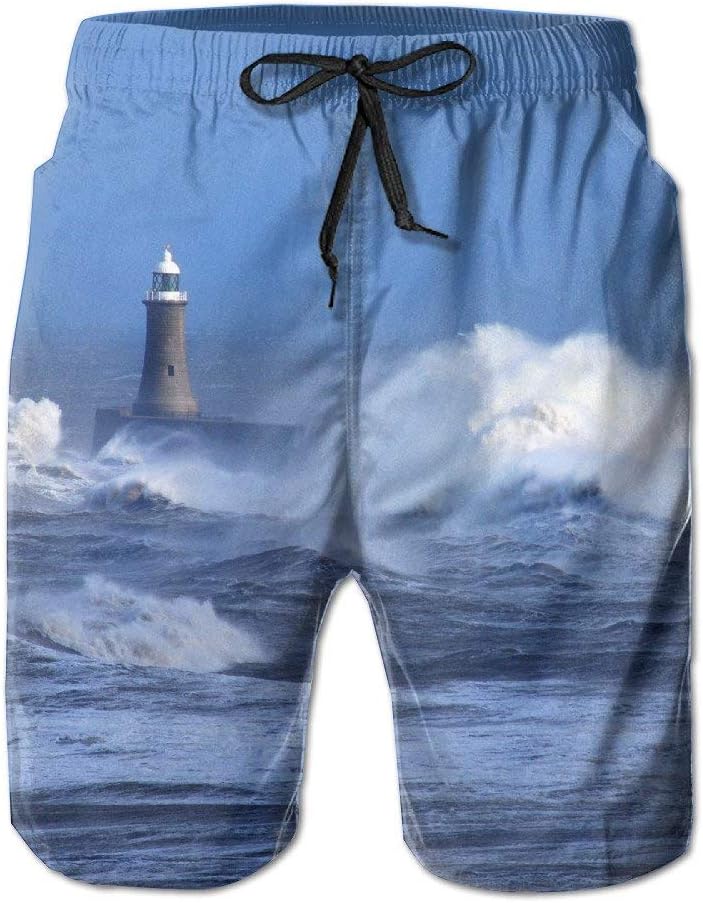 Jhonangel Ocean Beach Lighthouse Lightweight Surf Board Beach Shorts Surfing Running Swimming Watershorts with Poket for Men