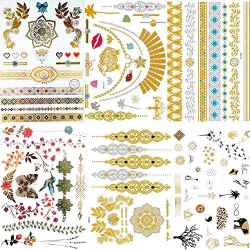 Bronzing Temporary Tattoos Sticker, Women Art Fake Temporary Flash Tattoo in Gold and Silver (6 Sheets)
