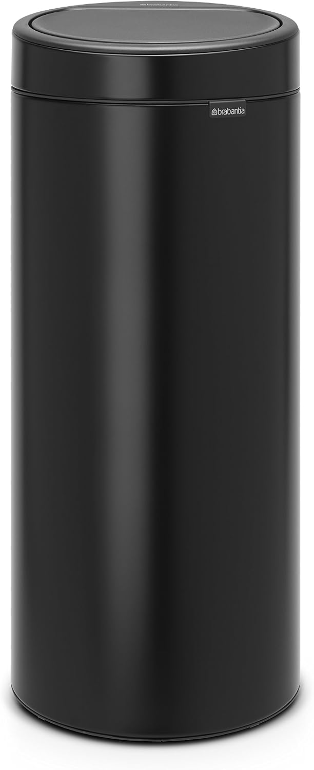 Brabantia 30 L Kitchen Touch Bin New (Matt Black) Removable Lid, Soft-Touch Open, Easy Clean Rubbish Waste Bin + Free Bin Bags