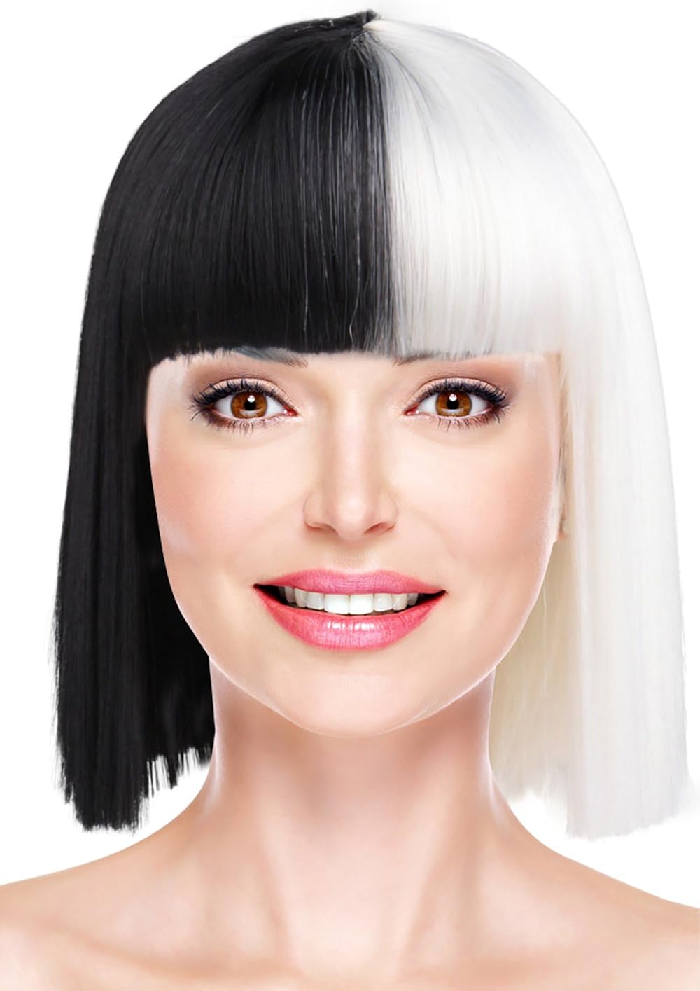 Two Tone Short Wig With Straight Bands Shoulder Length For Cosplay