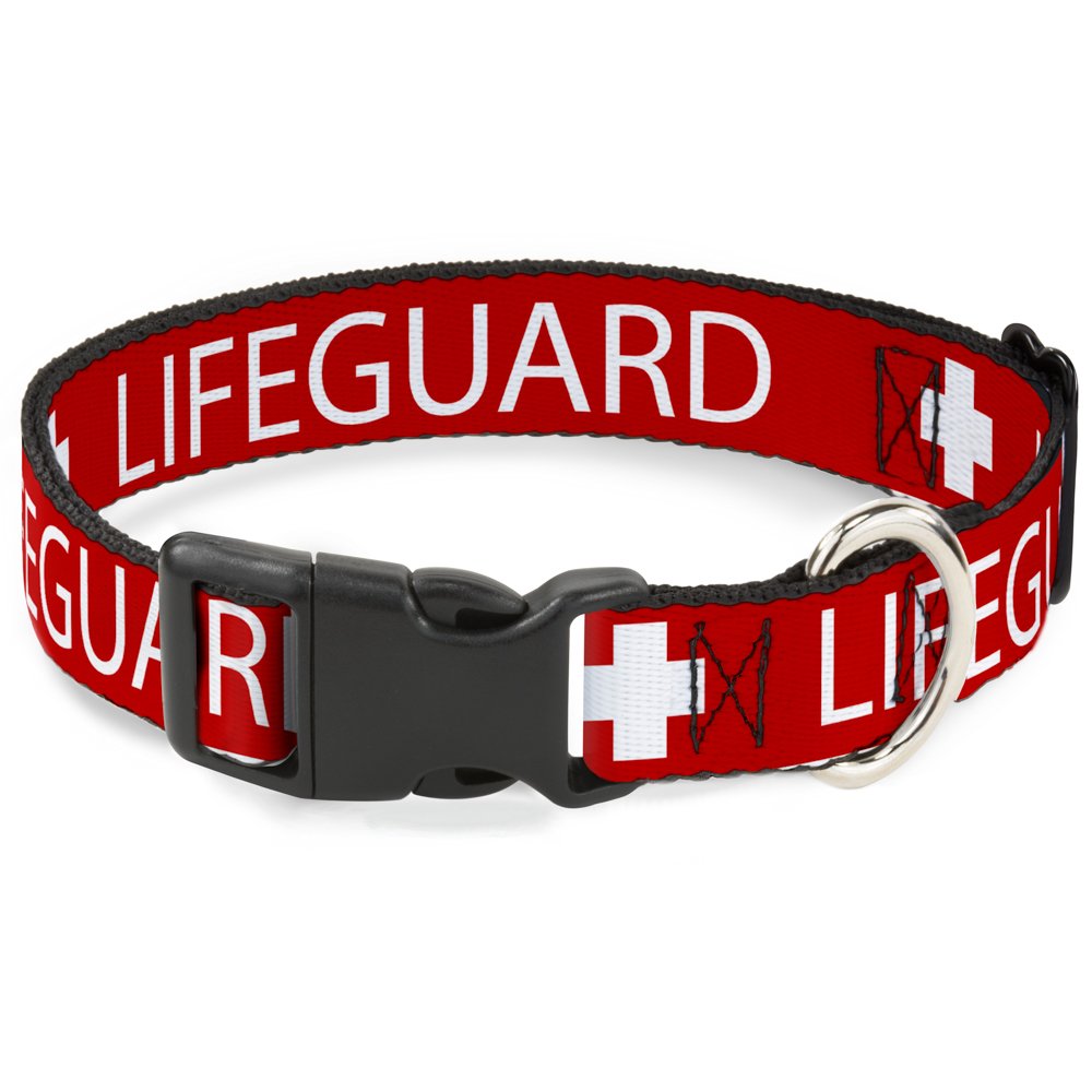 Buckle Down Plastic Clip Collar - LIFEGUARD/Logo Red/White - 1" Wide - Fits 15-26" Neck - Large