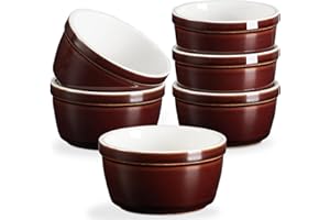 ONEMORE 6 oz Oven Safe Ceramic Creme Brulee Ramekins - Set of 6 Stackable Custard Cups for Baking, Pudding, and Dips - Scratch-resistant, Microwave & Dishwasher Safe - Reddish Brown