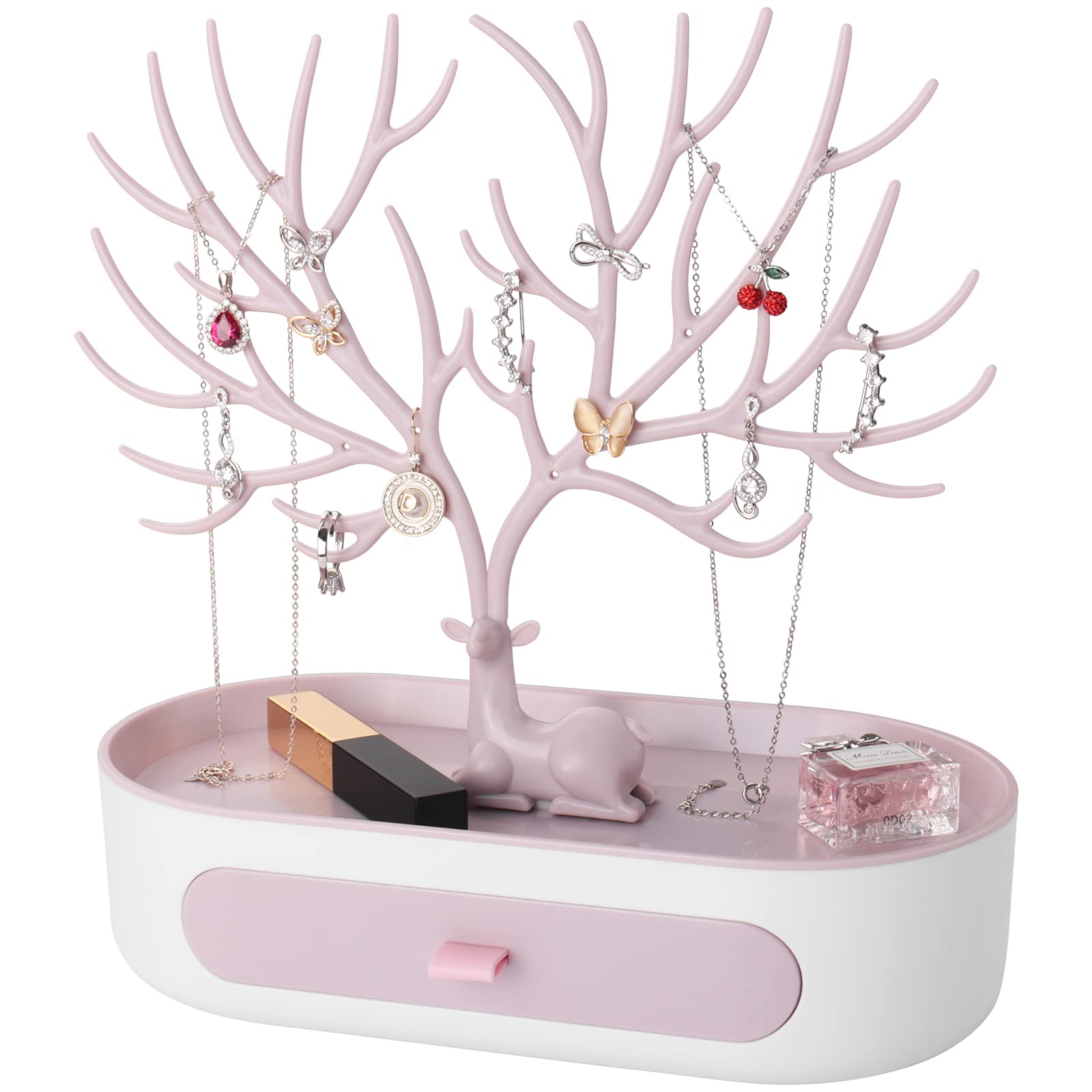 penobon Antler Jewellery Organiser Stand with Drawer, Plastic 3 in 1 Jewellery Holder for Earrings Necklaces Bracelets and Ring