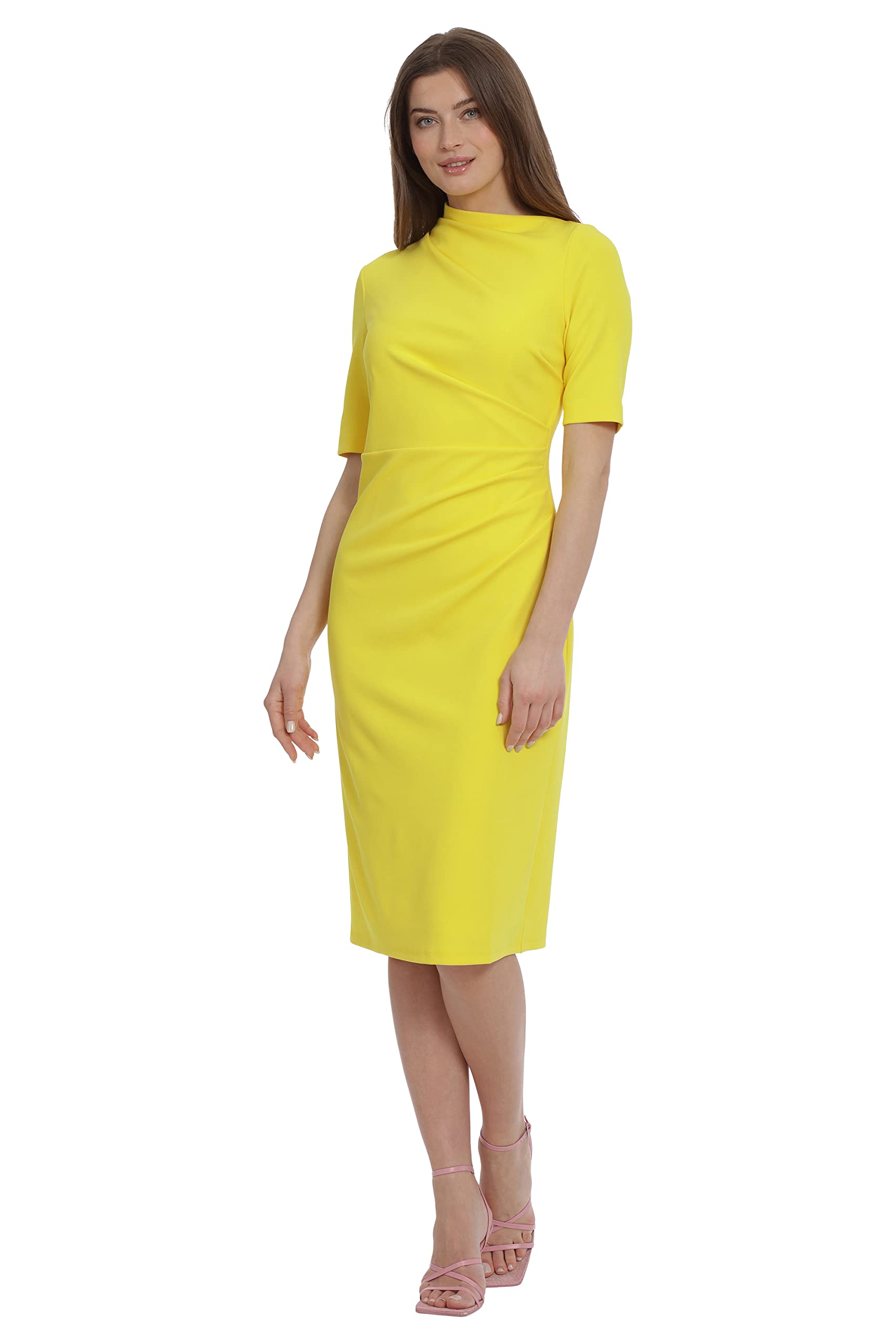Maggy London Womens Dresses Side Pleat with Asymmetric Neck and Elbow Sleeves, Empire Yellow, 2 US