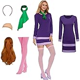 KDAFJLKD Halloween Costume Women Long Sleeve Adult Purple Dress with Wig Scarf Headband Socks