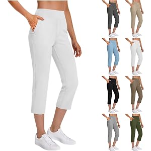 Capri Pants for Women High Waist Straight Leg Stretch Pull On | Cropped Pants Summer Work Golf Capris with Pockets