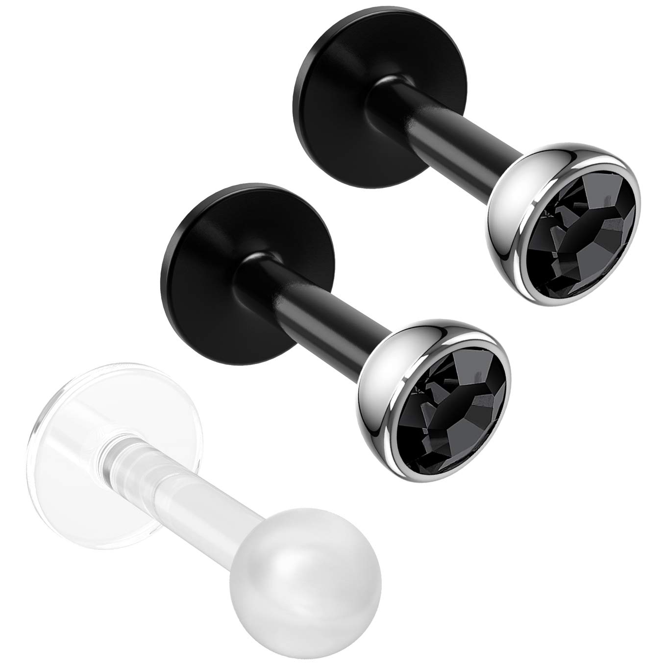 2pc 16g 1.2mm Black Labret Bar Monroe Lip Ring 3mm Jet Tragus Earring Stud Piercing Jewellery 6mm + Retainer Keeper