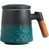 ZENS Tea Cup with Infuser and Lid for Loose Leaf Steeping, 16.9oz Embossed Ceramic Tea Infuser Mug, Wood Handle Tea Diffuser, Great Gift