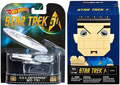 Star Trek Hot Wheels Set USS Enterprise Star Ship &amp; Spock Figure Mega Construx Kubros Star Trek Spock Building