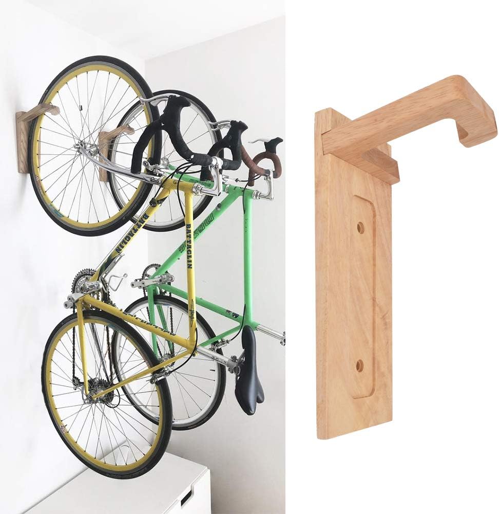 Bike Wall Mount Rack Upgraded Garage Outdoor Bicycle Hanger Shelf Minimalist Storage System Vertical Cycling Pedal Hook for Indoor Shed Modern Industrial Handmade Display Art Furniture Stand Oak Wood