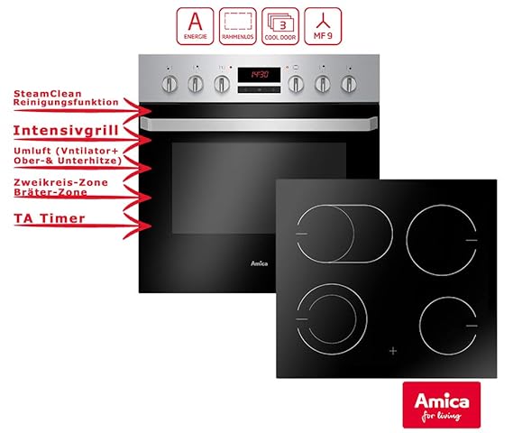 Amica EHC 933 015 E Einbauherd Set | 9-fach Multifunktion Backofen mit Grill und Umluft | Rahmenloses Glaskeramik Kochfeld mi