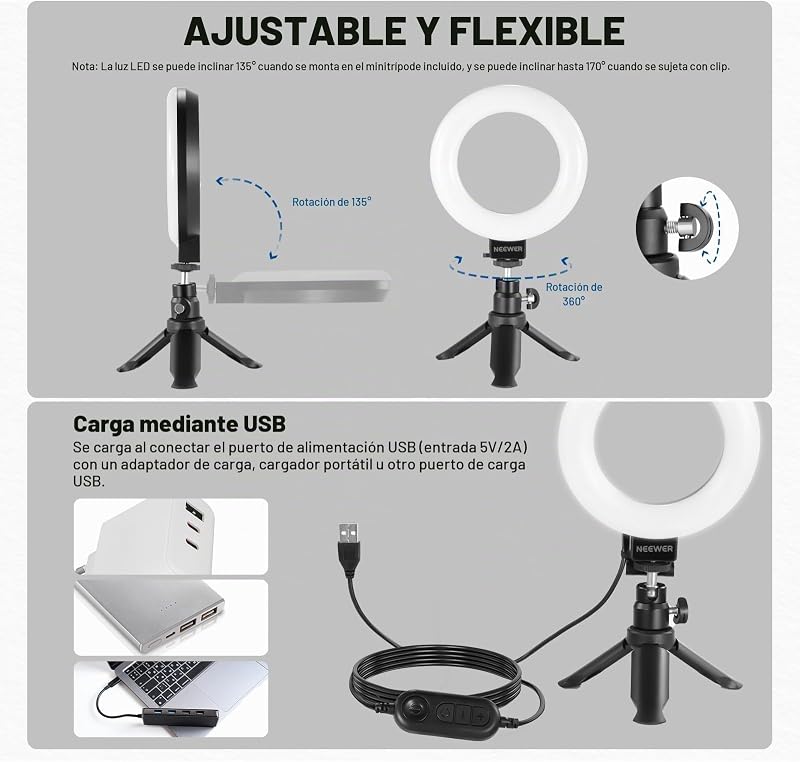 Anelar de luz BASIC de 5" para videoconferência, Pacote de 2 Kit de Luz Clip-on com Tripé Secretária para Monitor Portátil Chamada Zoom Streaming ao Vivo Gravação de Aprendizagem do Trabalho Remoto, BR60