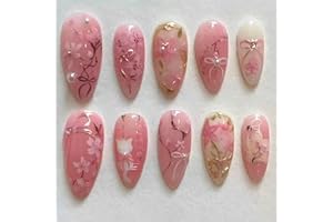 WBRRFJJ 30Pcs Pink Flower Press on Nails Medium Almond Fake Nails Gilding Peach Blossom with Gems Design 3D Pearl Bow False Nails Cute Cat Stick on Nails Handmade Full Cover Artificial Glue on Nails for Women